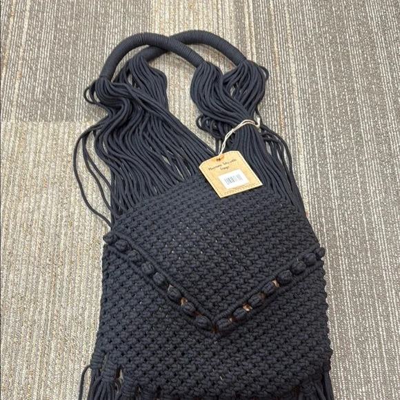 Magid Black Macrame Tote Fringe Shoulder Bag - Picture 3 of 6